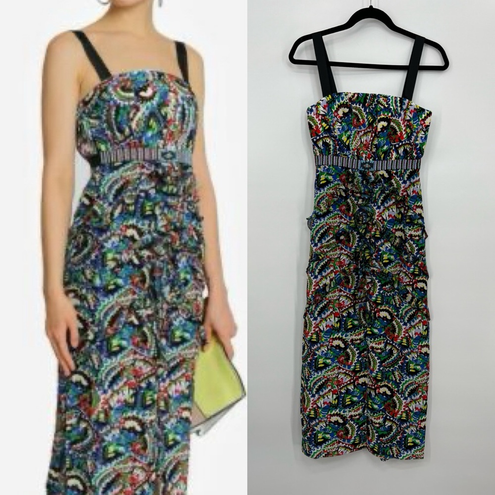 NWT Saloni Dana Silk Crepe Ruffle Floral Bodycon Midi Dress Holi Marina Beaded 2 - Picture 2 of 11